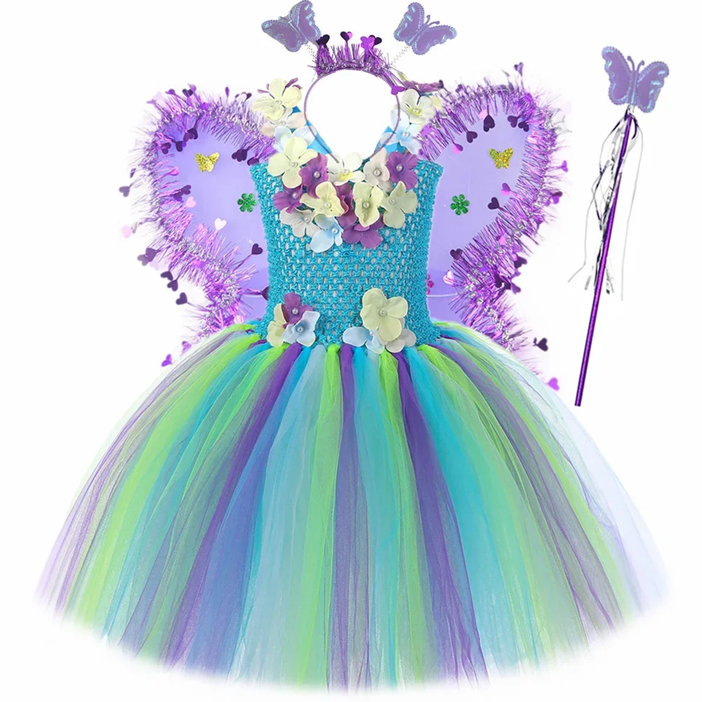 

Flower Fairy Costume for Girls Halloween Birthday Party Clothes Kids Woodland Elf Pixie Tutu Princess Dress with Butterfly Wings