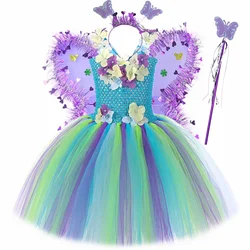 Flowers Fairy Costume for Girls Halloween Birthday Party Tulle Princess Dress Kids Forest Fairy Tutu Dress with Butterfly Wings