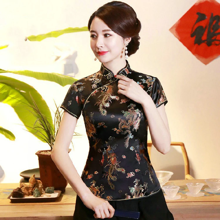 Plus Size Chinese Style Female Tang Style Top Shirt Retro Mandarin Collar Brocade Oriental Clothing Spring Summer Classic Blouse