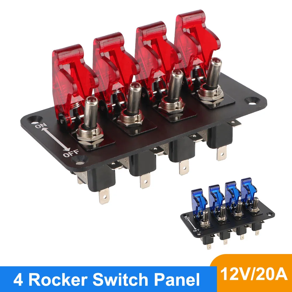 12V 20A for Racing Car Vehicles Auto Ignition Switch Panel 4 Rocker Toggle Switch Panel Start Push Button LED Indicator