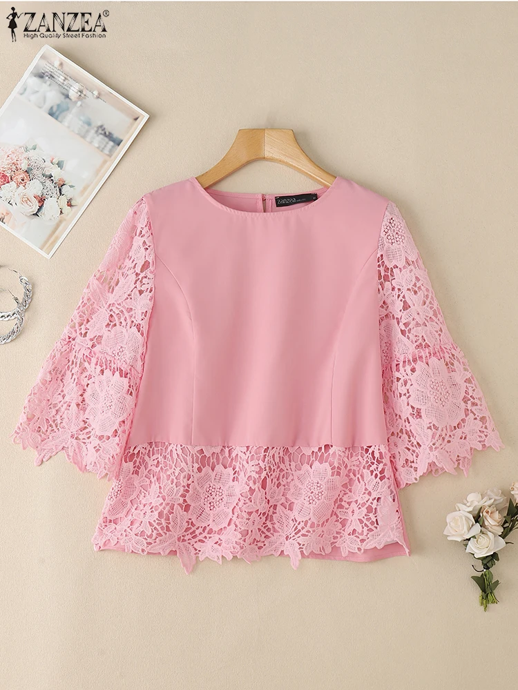 

ZANZEA Elegant 3/4 Sleeve Lace Crochet Blouse Summer Bohemain Holiday Shirt Women Stylish Hollow Out Tunic Tops Patchwork Blusas
