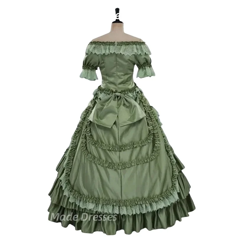 Gotisches viktorianisches Rokoko-Abschlussballkleid aus dem Südlichen Bürgerkrieg, Kostüm, U-Ausschnitt, Falten, gerüschtes grünes Vintage-Abendkleid, individuell gestaltet