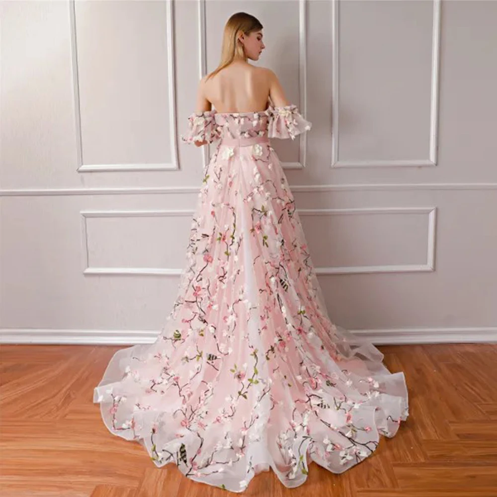 Droom prachtige bloemkant avondjurk liefje off-the-shoulder a-lijn gala sweep trein op maat gemaakte luxe feestjurk