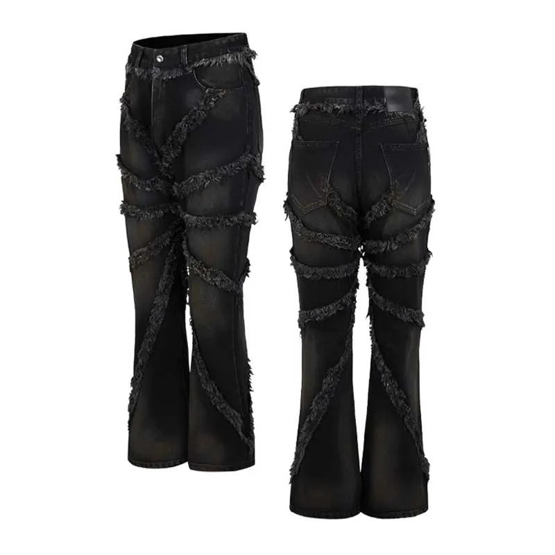 

Ragged Denim Streetwear Pants for Men Distressed Tassel Flare Pants R69