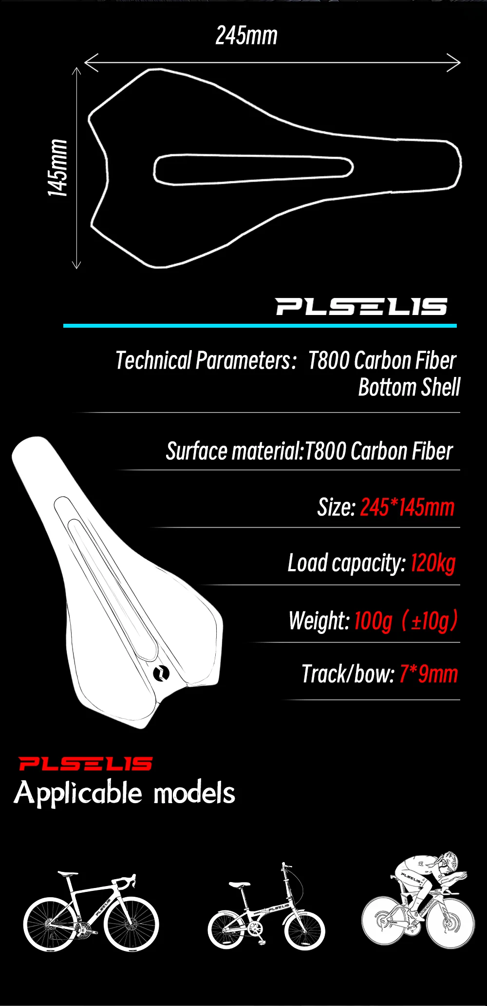 Plselis T800 Integrierter Kohlefasersattel, Fahrradsattel, hochfest, leicht, 100 g, Fahrradkissen, Reiteile – Detail 8