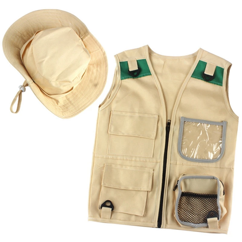 2X Outdoor Adventure Kit,Young Kid's Khaki Cargo Vest And Hat Comfortable And Durable Explorer Costume Role Play Toy