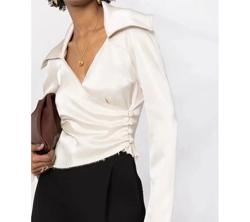 

Spring Commute Slim Fit Silk Feel V Neck Long Sleeve Shirt Asymmetric Waist Cinch Button Detail Regular Length Polyester Blend