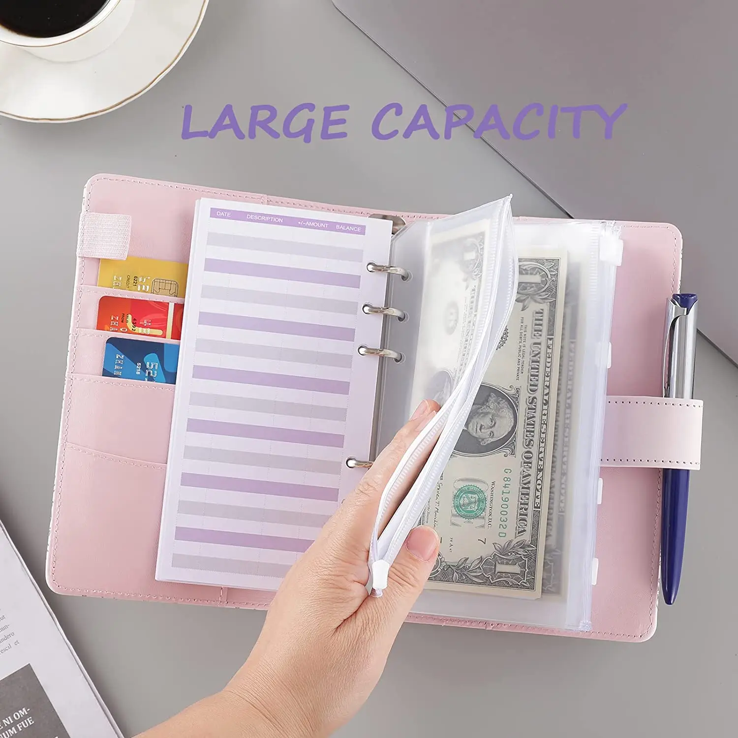 A6 PU Leather Budget Binder with 8pcs Zipper Cash Envelopes,  Cash Organizer for Money Saving with 12pcs Bill Budgeting Sheets