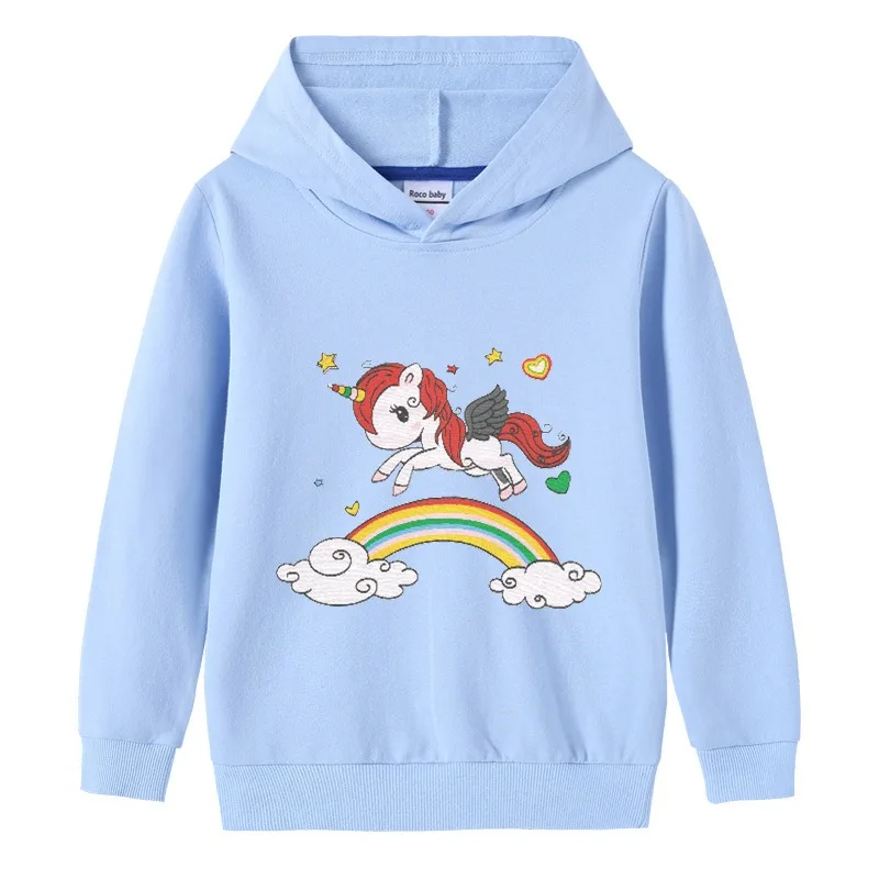 2024 New Quality Cotton Tee Shirt Girls Clothing for Children T-shirt Pink Long Sleeve Kids Tops Hooded Clothes Rainbow 2-10T