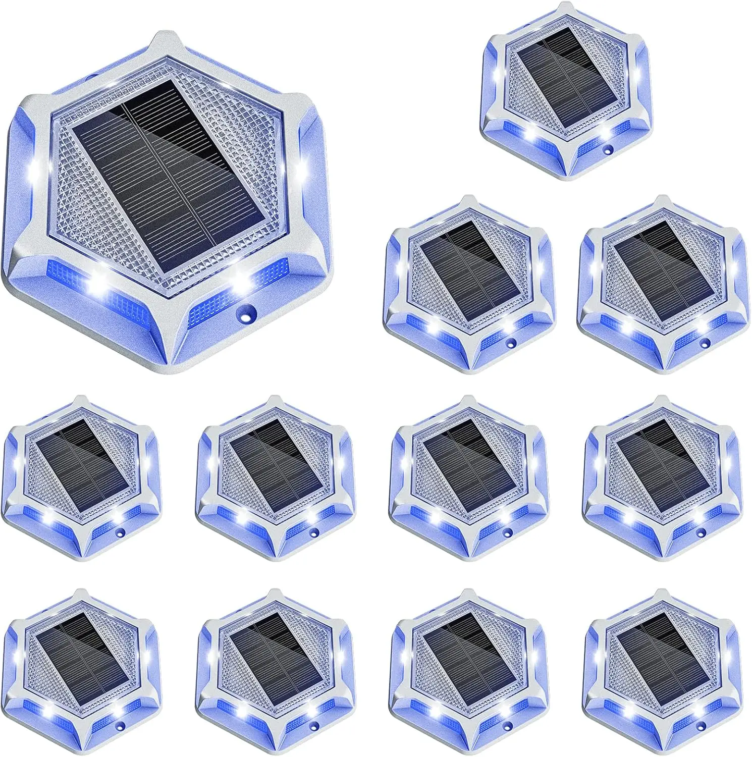12pack Solar Driveway Lights Dock Outdoor Deck Marker LED Lights,12 Pack | 2 Colors in 1 Led Wireless IP67 Waterproof , Warning Step Marine Lights for Sidewalk Garden Pathway (White/Blue)