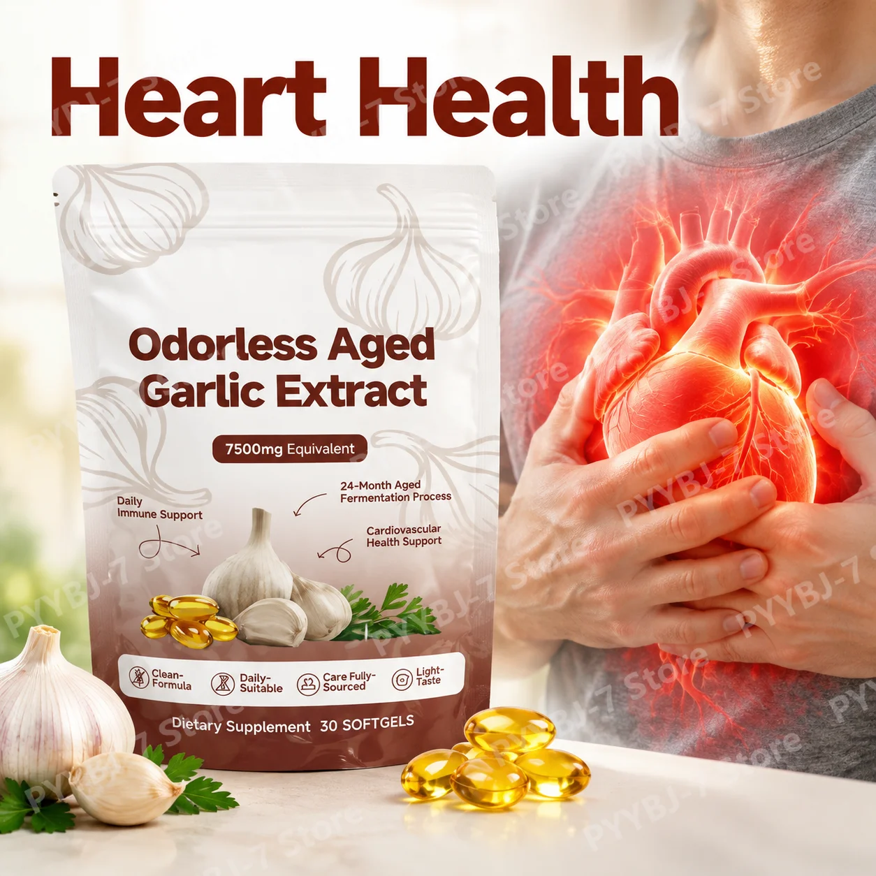 Odorless Aged Garlic Softgels 7500mg Boost Heart Health Fermented Garlic Extract Powerful Antioxidant Immune Defense 30 Count