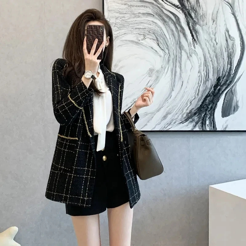 Professional Blazer Women Tops Fall/Winter 2023 Tweed Plaid Casual Blazer Coat Female Fashion Loose Double-breasted Blazer Coats