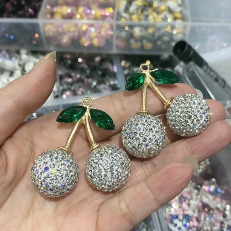 Fancy Beads Hand Made2pcs Ins Handmade Cherry Boutique Diamond Ball Beads Alloy Rhinestone Clay Beads Mobile Phone Chain DIY Loo