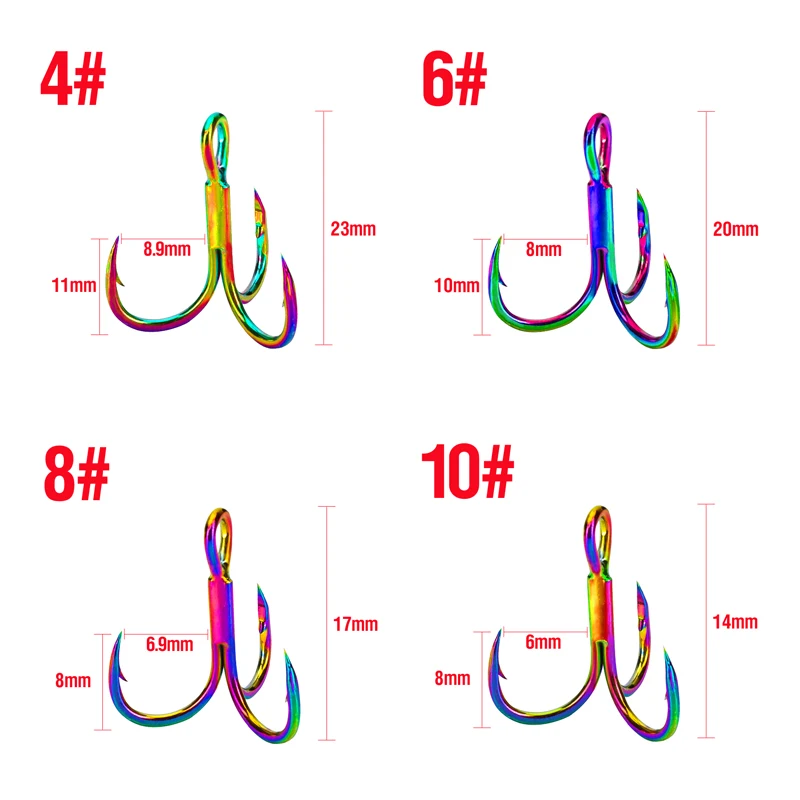 10 Stück bunte Angelhaken mit Widerhaken, rostfrei, Drillinge 4 # 6 # 8 # 10 # Angelgerät aus Hartstahl für Köderhaken, Minnow-Haken – Detail 9