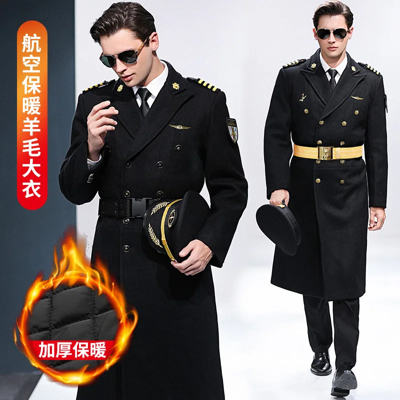 

Aviation Uniform Professional Aviator Uniform Men's Woolen Coat Long Slim Fit Thicken Aviation KTV Men's Work Clothes