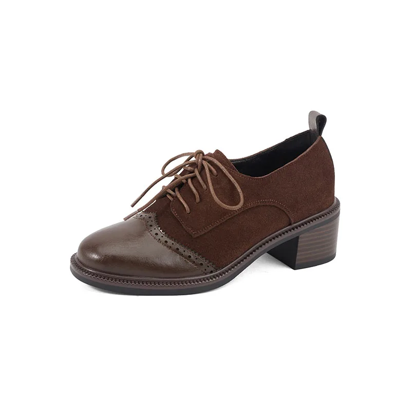 البقرة المدبوغ أحذية نسائية الفم العميق الدانتيل متابعة المرقعة سيدة مضخات جولة تو حجم كبير الكعب المتوسط Phoentin FT4264 #1