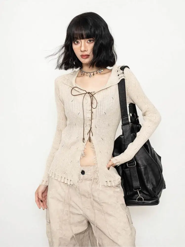Yedinas American Retro Knit Tops Thin Female Sweater Women Clothes Long Sleeve Slim Autumn Knitwear Outerwears Pullovers Y2k