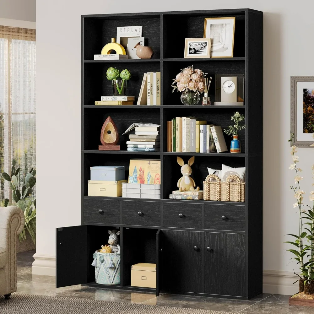 78.7Bookcase with 4 Drawers and 4 Doors,6 Tier Large Bookshelf with Storage,Floor Standing Display Storage Shelves,Tall Storage