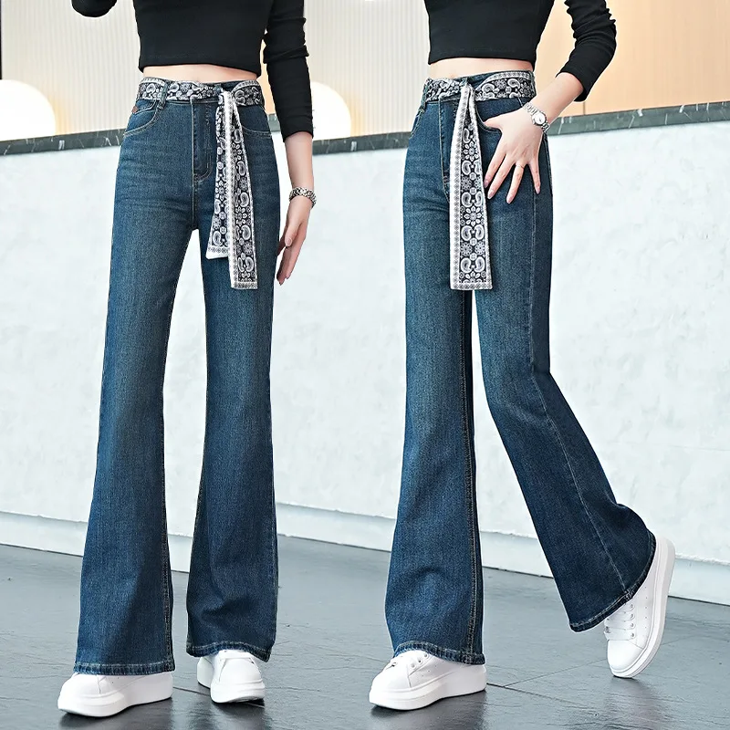 

Расклешенные джинсы с высокой талией для женщин, осенние новые эластичные свободные утягивающие брюки с подтяжкой бедер, устойчивые к выцветанию, слегка расклешенные брюки