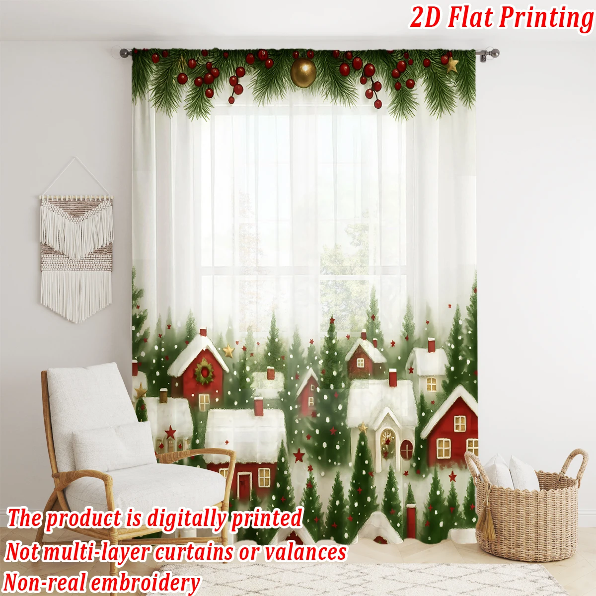 Cortina transparente con estampado plano de Navidad, casa de árboles de Navidad, baya de copo de nieve para decoración de sala de estar y dormitorio, fiesta navideña