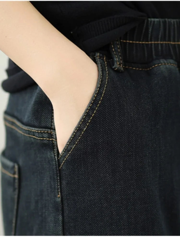 المتضخم الجينز الخريف الشتاء أفخم بانت المرأة طباعة التطريز أزياء السيدات الحريم السراويل مرونة عالية الخصر امرأة السراويل