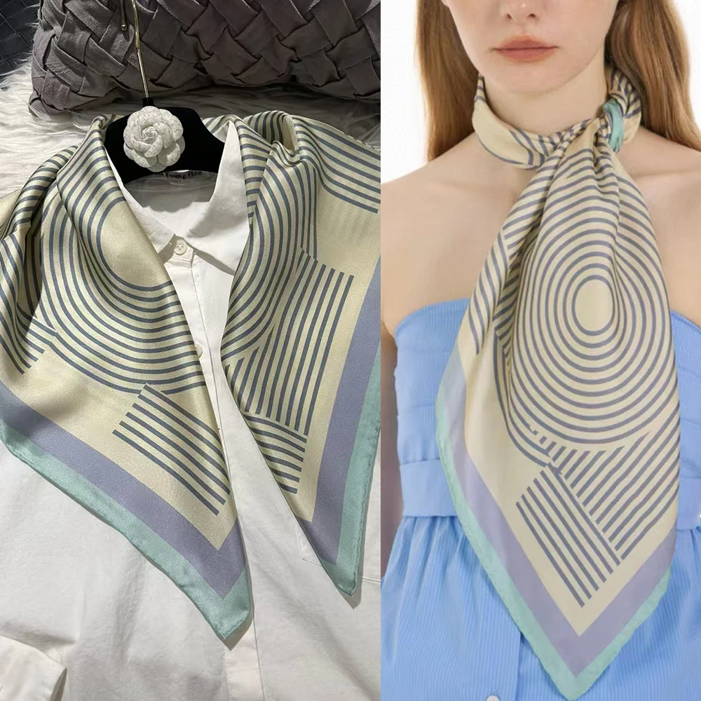 

Light Blue Women's 100% Mulberry Silk Scarf Neckerchief Spring Fall New Luxury Striped Design Satin Square Silk Scarves 65*65cm