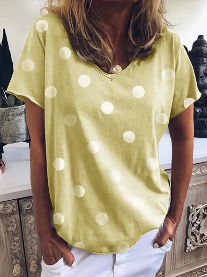 تي شيرت نسائي فضفاض بنقشة البولكا دوت وأكمام قصيرة، تصميم عصري برقبة مستديرة وطباعة، قميص صيفي كاجوال بمقاسات كبيرة وأكمام نصفية