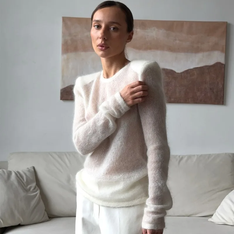 

Tuularose White Casual Knitwear Fashion See-Through Round Neck Knitted Pullovers Autumn Winter Commuter Streetwear Women Sweater