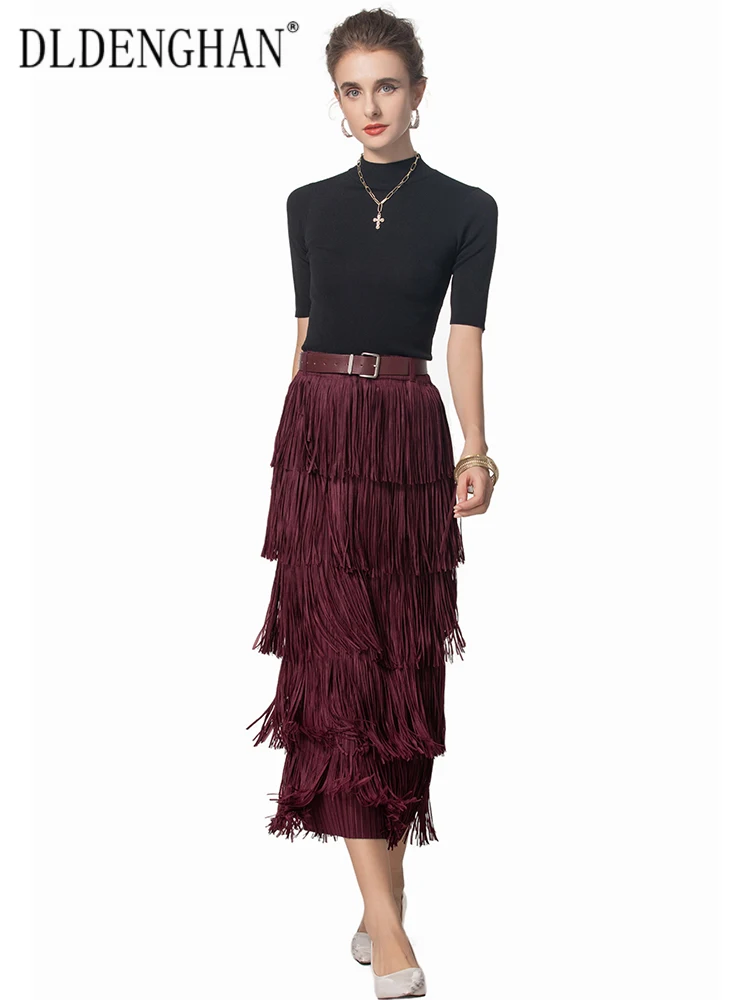 

DLDENGHAN Autumn Suit Women's O-Neck Short Sleeves Knitted Tops + Sashes Tassel Skirt Office Lady 2 Pieces Set Fashion Designer