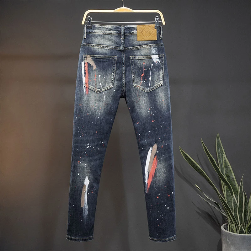 Men's Patchwork Ripped Jeans Fashion Spray Paint Pattern Trousers Male Casual Streetwear Slim Straight Leg Long Pants