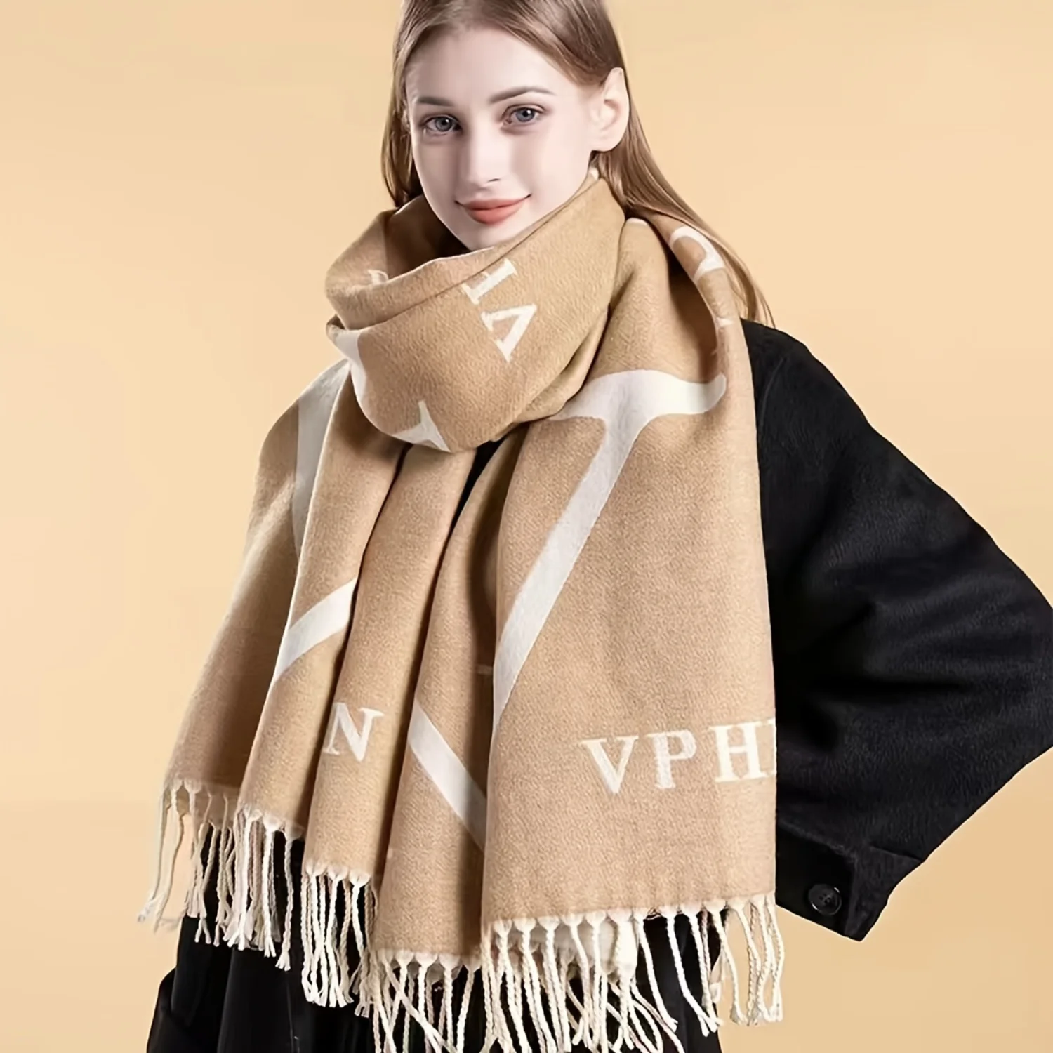 

Double Sided Letter Tassel Scarf, Imitation Cashmere Warm Shawl for Autumn Winter Office, Coldproof & Windproof Wrapped Scarf