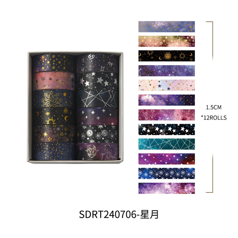 Cintas Washi de cielo estrellado, suministros para álbum de recortes, cinta adhesiva decorativa de papel de aluminio, cinta Washi decorativa para diario, 6 uds. O 12 Uds.