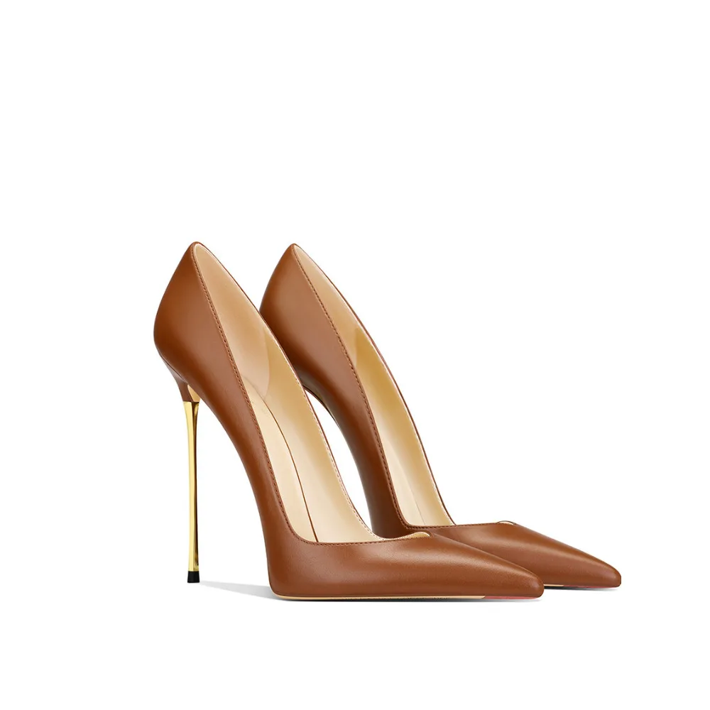 Brown Genuine Leather Women Pumps French Style Elegant Metal Heel Pointed Toe Stiletto Heels New Spring Collection