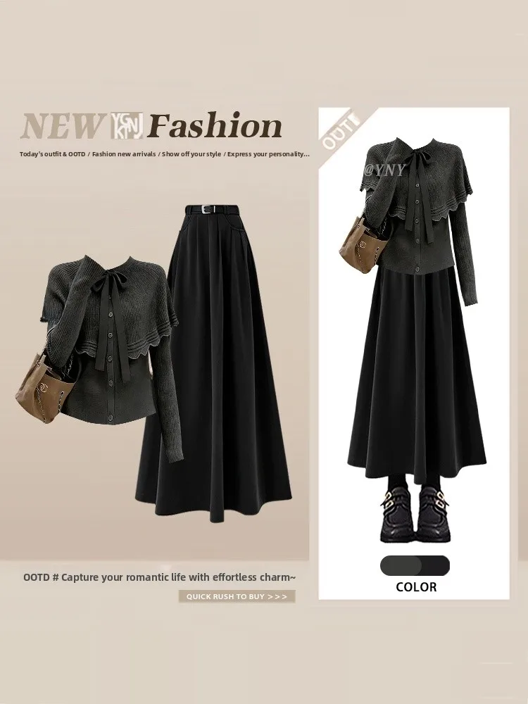 

Faionable Knitted Sweater And High Waist Skirt Two Piece Set for Women Winter Anti Aging Street Sle Casual Outfit