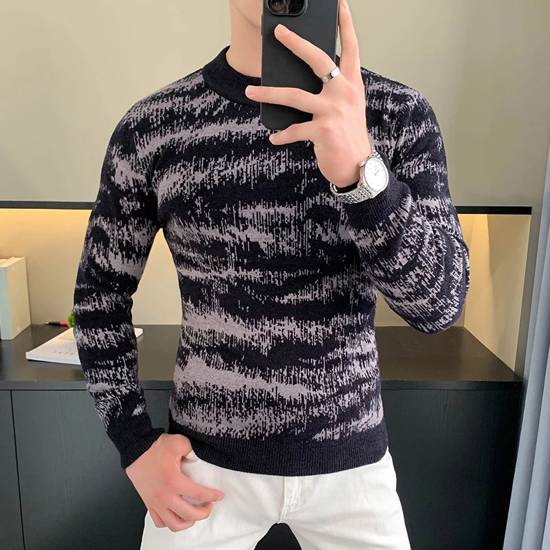 Autumn Winter Velvet Knitted Sweater Men Long Sleeve Casual Business Sweaters Comfortable Warm Versatile Social Pullover Tops