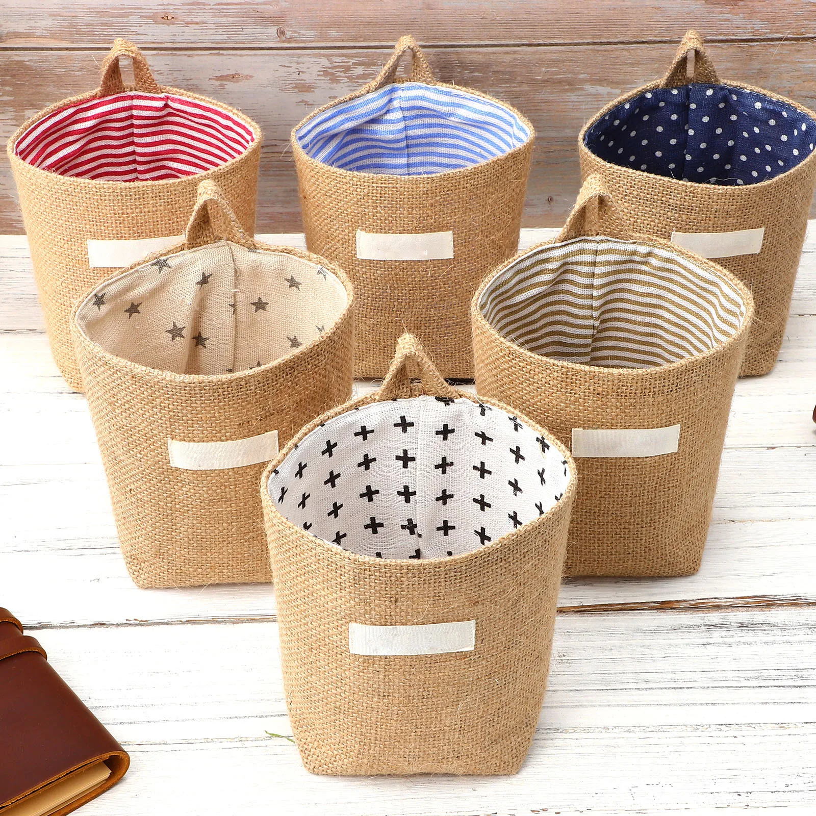 

6Pcs Wall Hanging Storage Bags Cotton Linen Organizer for Door Wall Bedroom Hanging Basket Storage Cotton Linen Hanger Bag