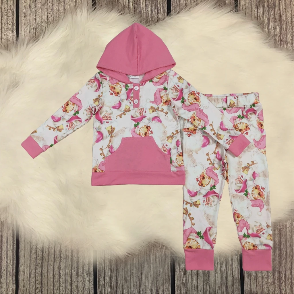 

Toddler Long Sleeve Pink Christmas Santa Button Hoodies Pockets Pant Baby Girl Kids Hoodie Outfit Children Set Infant Clothing