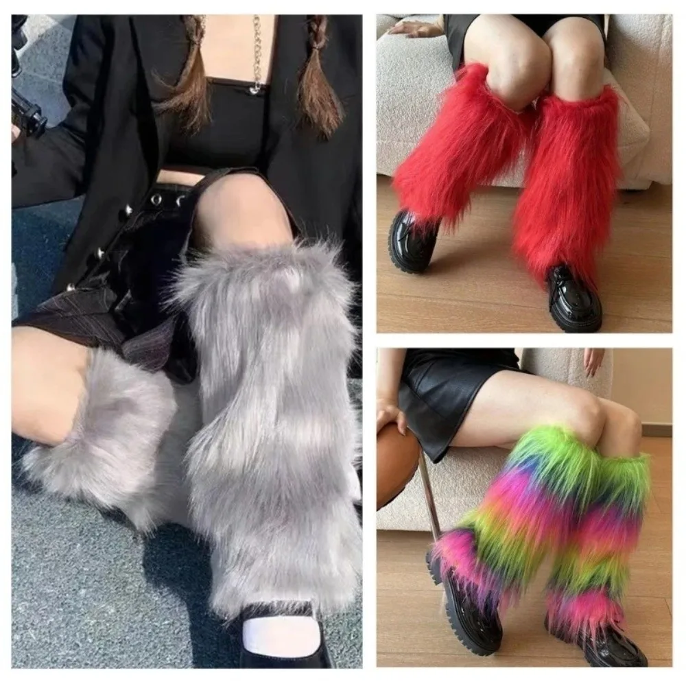 Fashion Faux Fur Furry Leg Warmers 40cm Japanese Style Lolita Boots Cover Y2K Solid Color Knee High Girls Socks JK