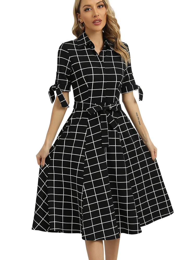 Nice-Forever Spring Women Classy Turn-Down Collar Dresses Casual Party elegante Retro Flare Swing Dress A381