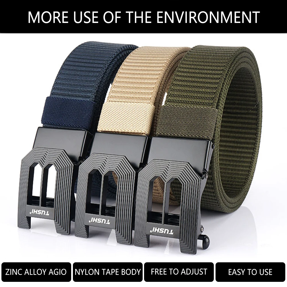 TUSHI Metal Automatic Buckle Nylon Male Army Outdoor Hunting Tactical Belt Mens Military Waist Canvas Belts High Quality Strap