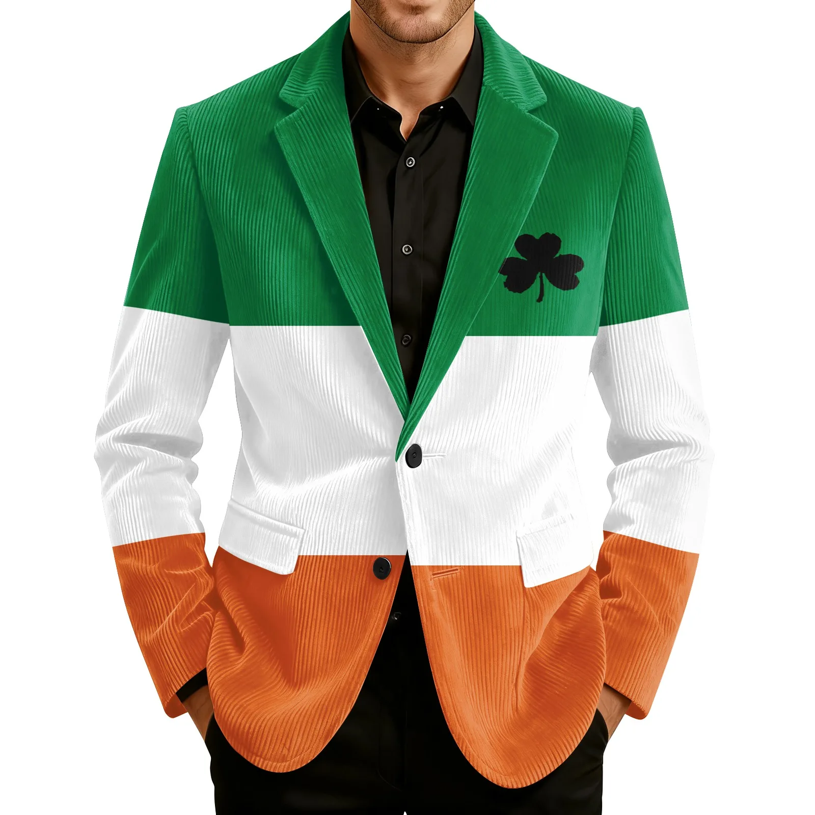 

St. Patrick'S Print Patterned Suit Corduroy Warm Pocket Suit Men'S Cardigan Casual Suit Winter Single Button Suit