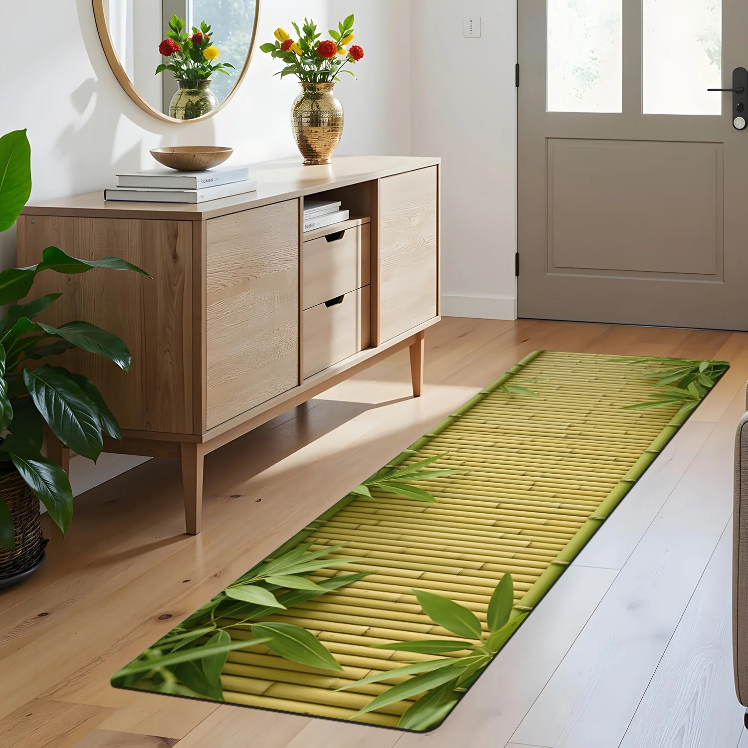Fresh Bamboo Runner Mat Anti Slip Washable Simulated Strip Green Leaf Oriental Decor Rug for Kitchen Bedroom Entry Bath Floor