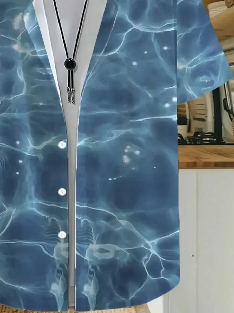 

Mens 3D Print Underwater Light Pattern Casual Short Sleeve Button Down Shirt Breathable Beachwear