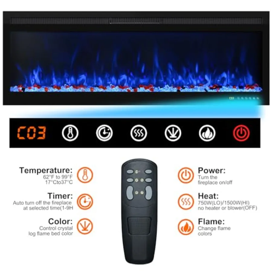 Wall Mounted and Recessed Electric Fireplace with App Remote Touch Screen Control Realistic Log Set and Crystal Accents 13 Adju