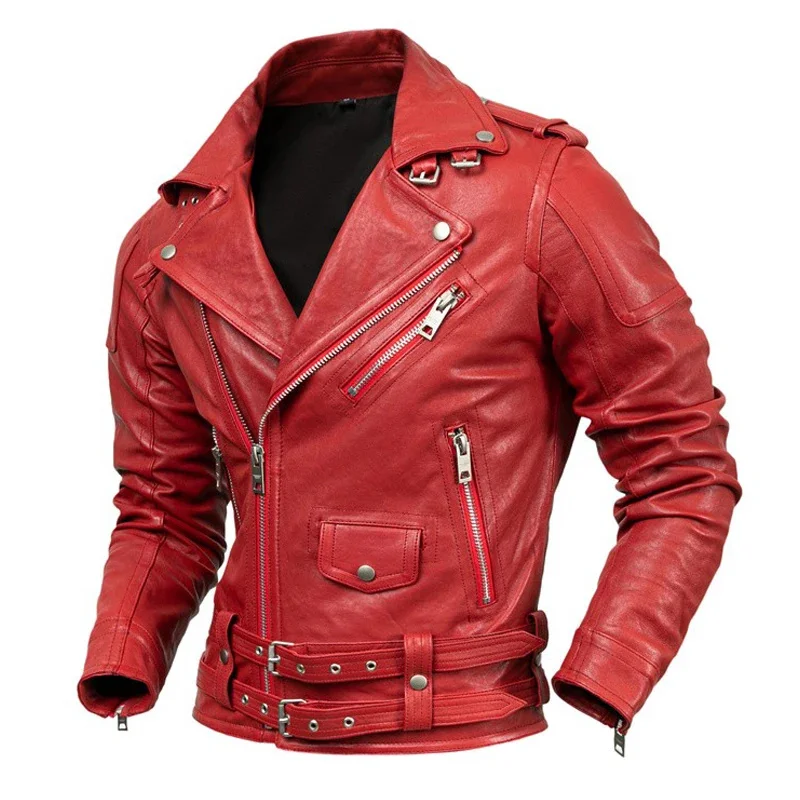 Men Motorcycle Natural Sheepskin Vegetable Tanned Genuine Male Biker Jackets Moto Riding Leather Coat Spring Autumn