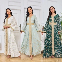 Dubai Light Luxury Ethnic Evening Dress Muslim Abaya Dress Satin Beaded Dress Moroccan Caftan for Women Casual Loose Robe 2024