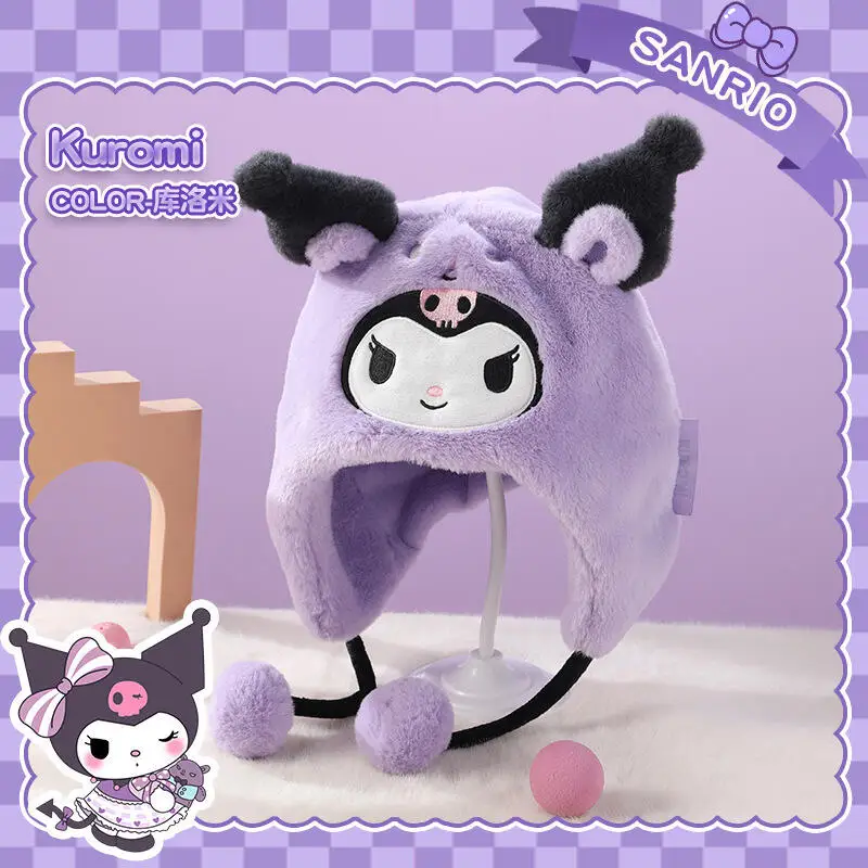 Cute Sanrioed Kuromi My Melody Children's Hats for Autumn and Winter Warm Hats for Boys and Girls Aged 3-10 Ear Protection Hats