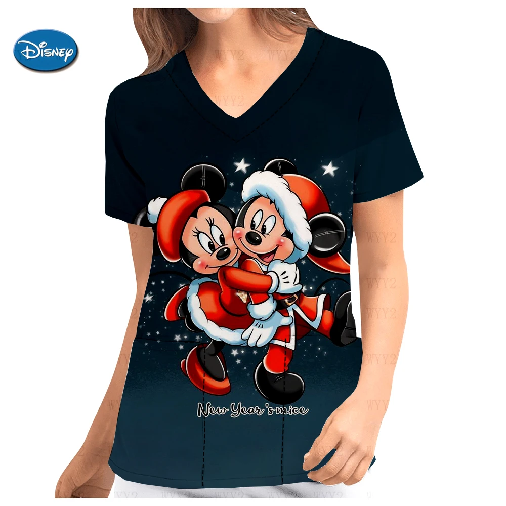 Sommer Damen V-Ausschnitt Scrub Kurzarm Krankenschwesteruniform Weihnachten Disney Mickey Minnie Print Doctor bequeme Arbeitskleidung