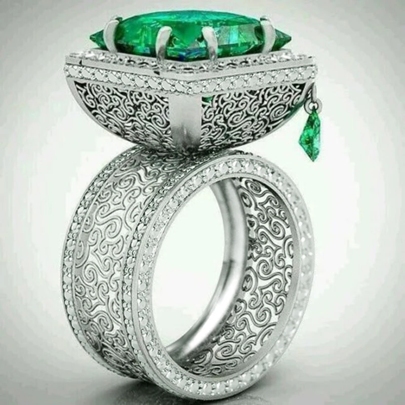 Huitan Square Green Cubic Zirconia Rings Gorgeous Hollow Pattern Women Accessories Unique Wedding Rings Gift New Trendy Jewelry