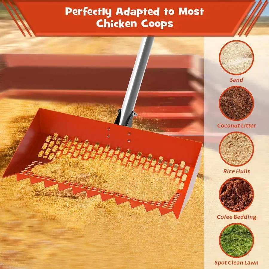 Poop Scooper amp Rake 2in1 12 بوصة رأس مجرفة أمبير 3 زاوية قابلة للتعديل 304 مقبض من الفولاذ المقاوم للصدأ، مغرفة فضلات الدجاج وحظيرة R
